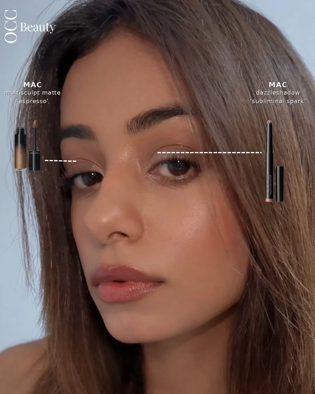 OCC Beauty cover: a soft cool-toned eye look, MAC Multisculpt in Espresso and Dazzleshadow in Subliminal Spark called out on either side of the face.